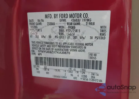 2007 Ford Escape Xls/Xls Manual from USA, damaged, VIN 1FMYU02ZX7KA30670